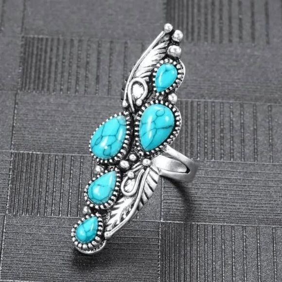Silver Turquoise Water Drop Leaf Boho Western Statement Ring - Picture 5 of 5